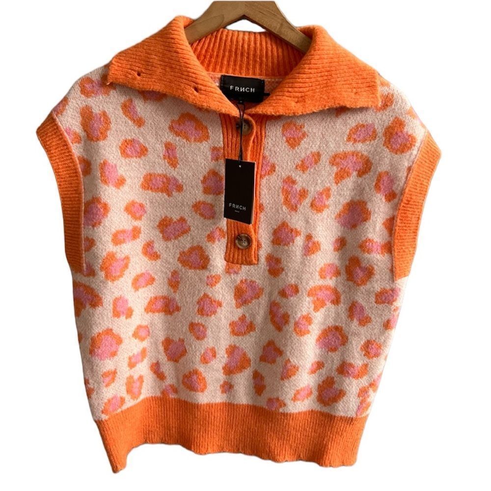 FRNCH Orange and Pink Leopard Print Knit Sleeveless Sweater Vest